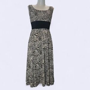 Perceptions Petite Maxi Dress Sleeveless Black Tan Swirl Print‎ Casual